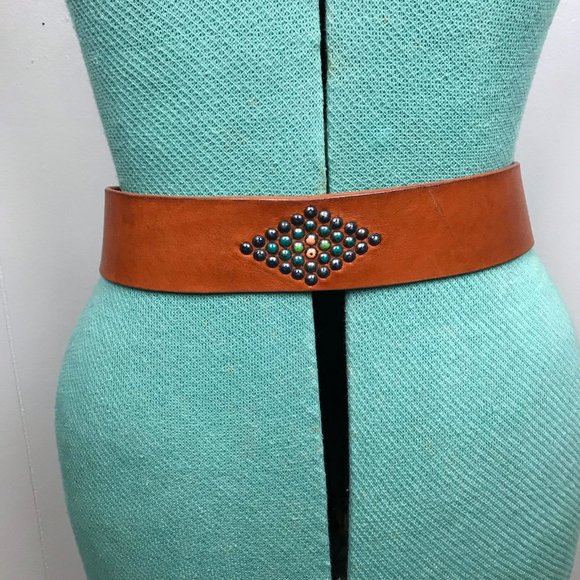 Genuine Leather Distressed Belt Metal Stud Detail Brown Boho Size Small - Picture 2 of 15